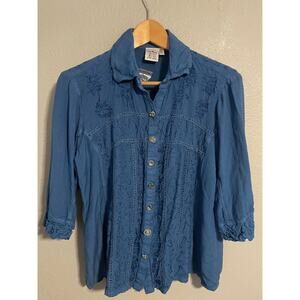 Parsley & Sage Top Womens XL Blue Embroidered Button Front Rayon Boho Artsy